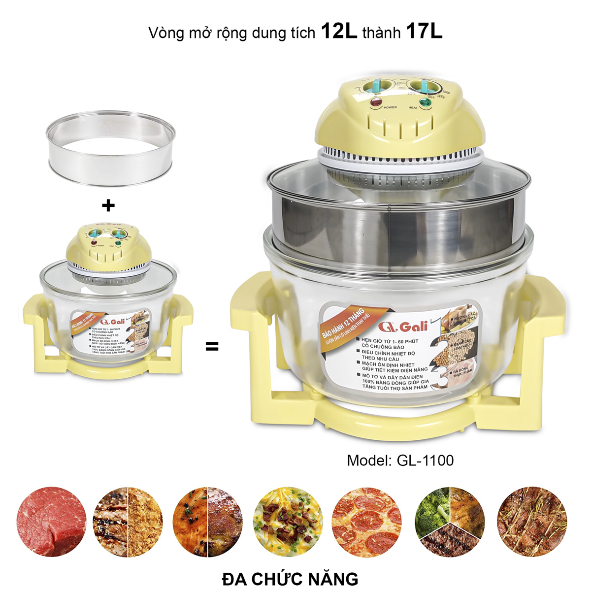 Lò nướng thủy tinh đa năng Gali GL-1110 17 lít 1300w, hàng chính hãng bảo hành 24 tháng, tặng kèm 10 phụ kiện tiện lợi.