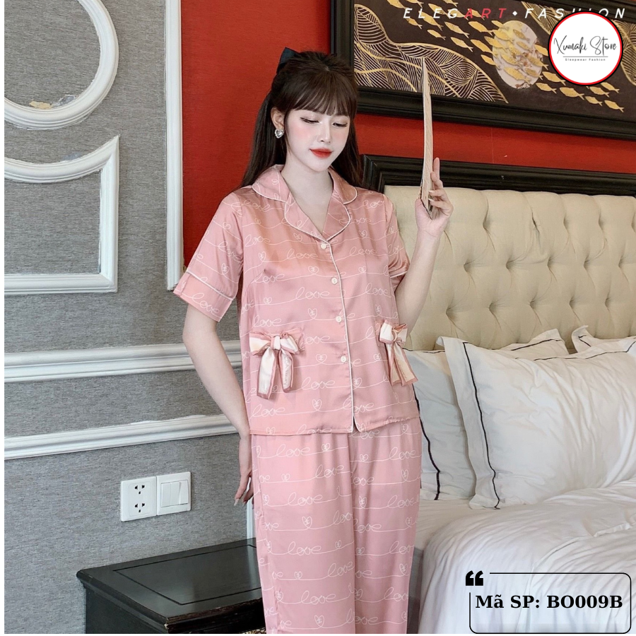 Bộ pijamas nữ áo cộc quần dài túi nơ xinh chất lụa cao cấp Xumaki Store BO009B
