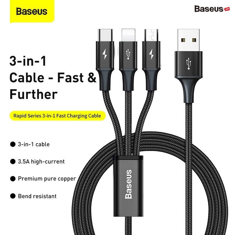 Cáp Sạc 3 Đầu Siêu Bền Baseus Rapid Series 3-in-1 USB to Type C/  Táo / Micro ( hàng chính hãng )