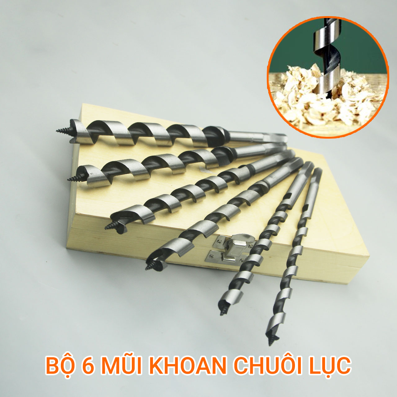 Bộ 6 mũi khoan gỗ xoắn ốc đầu định tâm 10-20mm dài 230mm chuôi lục thép NHẬT hộp gỗ