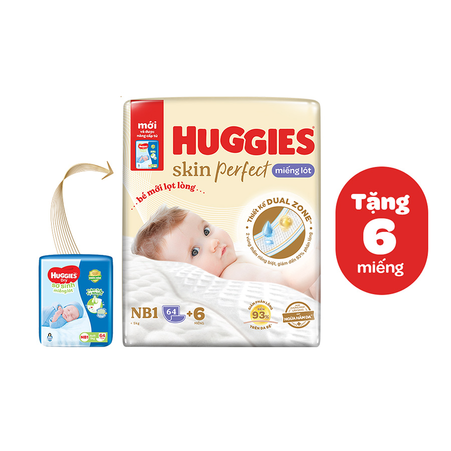 Miếng lót sơ sinh Huggies Skin Perfect NB1 64+6 miếng với 2 vùng thấm giảm kích ứng da