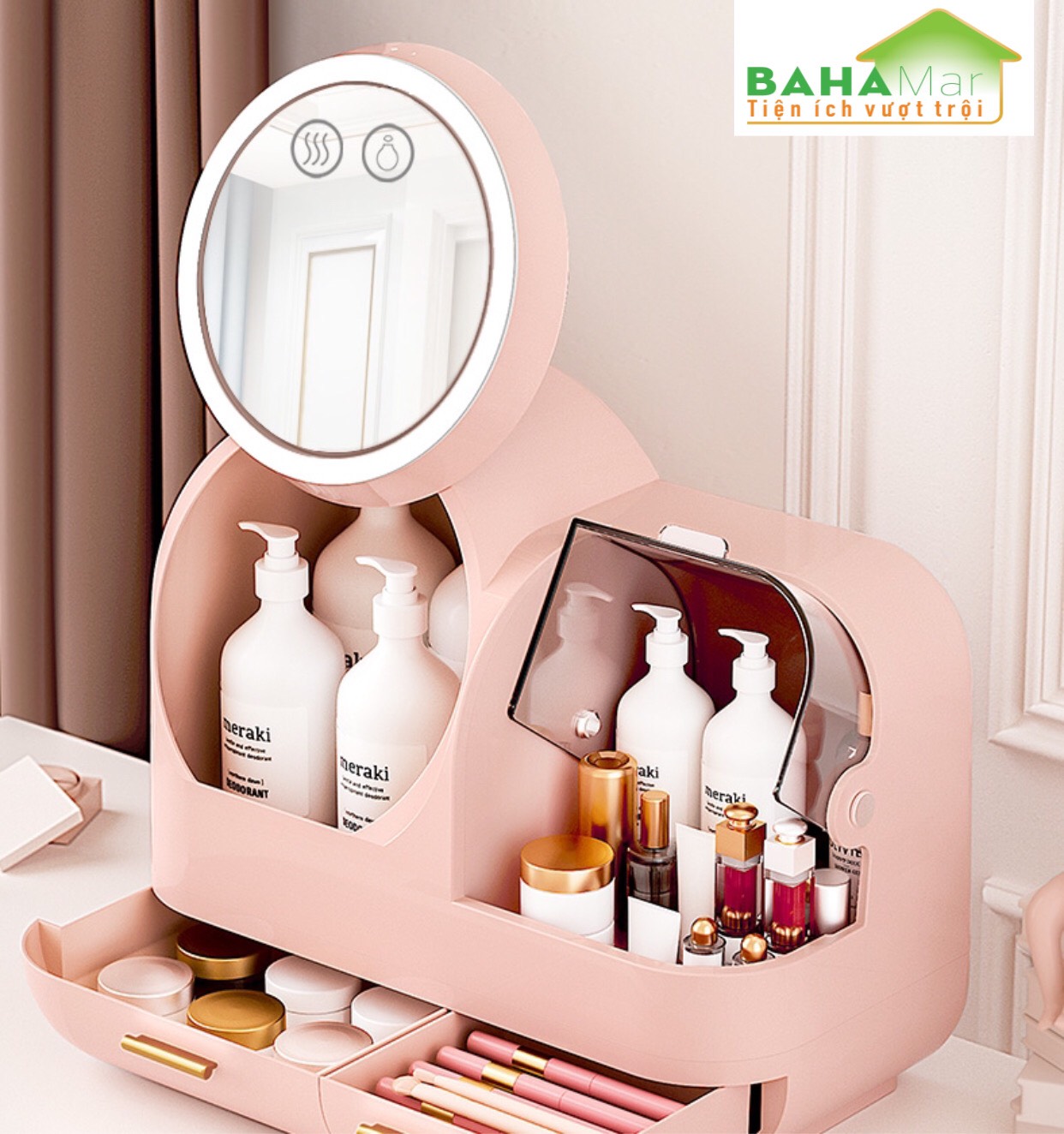 HỘP ĐỰNG MỸ PHẨM CÓ GƯƠNG TRANG ĐIỂM ĐÈN LED QUẠT BAHAMAR có quạt thổi khô lớp trang điểm thiết kế tay cầm dễ dàng xách di chuyển hộp chống bụi v