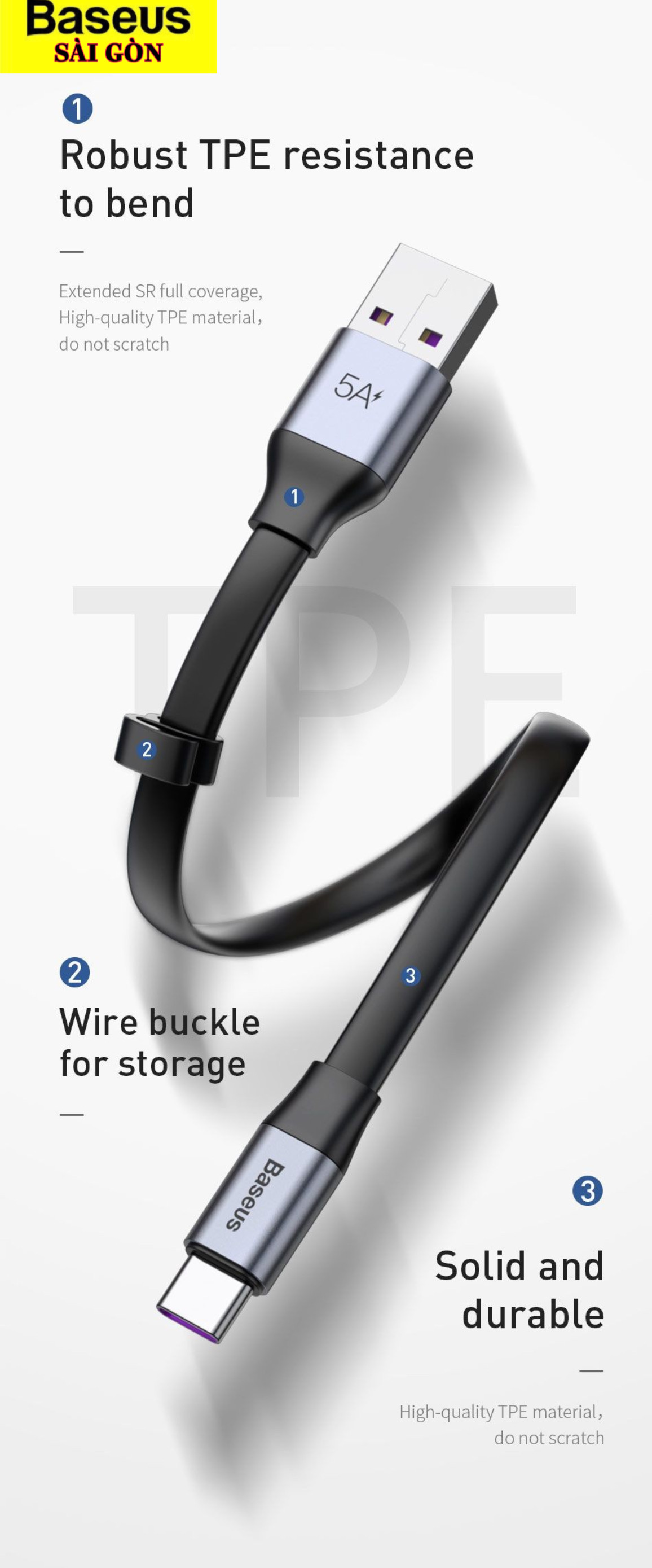 Cáp sạc ngắn Baseus Simple HW Type C 23cm (5A/40W Huawei Super Quick Charge, Sync Data)- hàng chính hãng