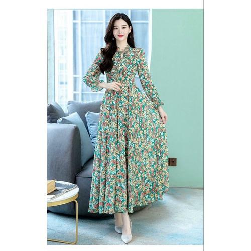 HÀNG NHẬP - ĐẦM MAXI VOAN HOA TAY DÀI CỔ BÈO THẮT DÂY NƠ