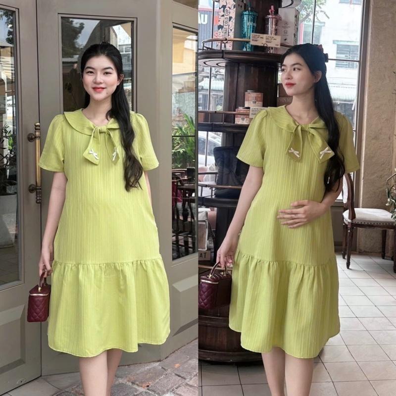 Đầm Bầu Phom Đuôi Cá Phối Cổ Thắt Nơ Chất Xốp Hàn, Nhẹ Mát, Dễ Chịu - Hồng