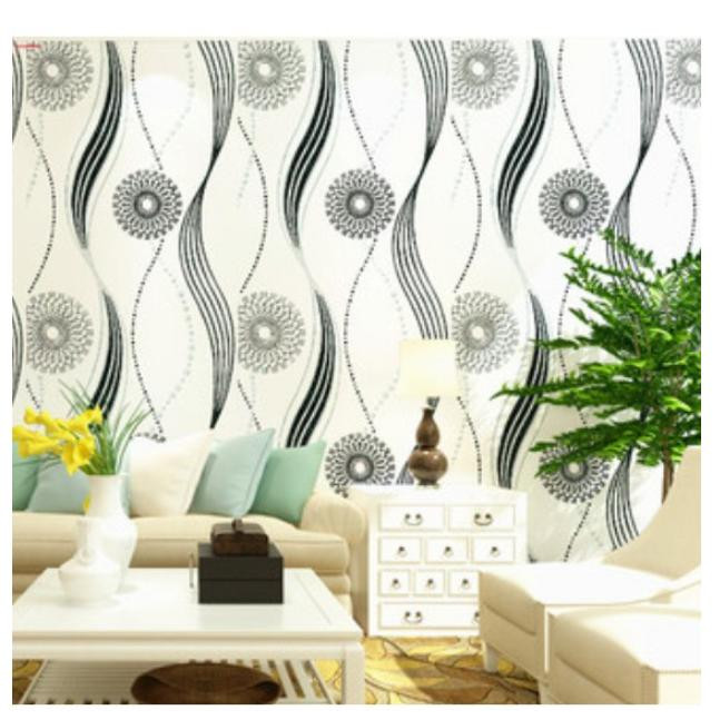 Giấy dán tường rộng 45cm x 5m dài  - hoa đen xoắn nền trắng ELL254