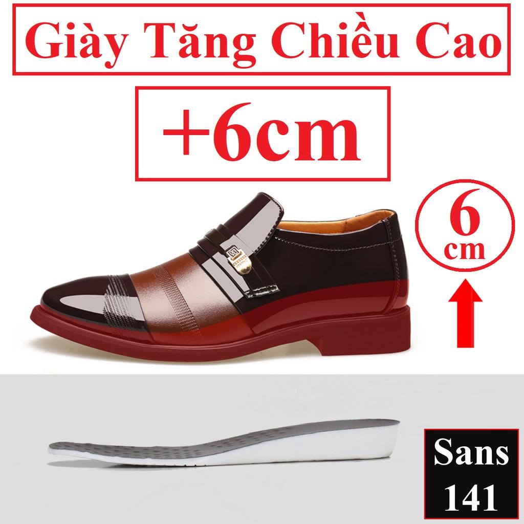 Giày tăng chiều cao nam 6cm Sans141 giầy tây độn đế lười không dây da bóng mũi tròn đen nâu size nhỏ 37 công sở đàn ông