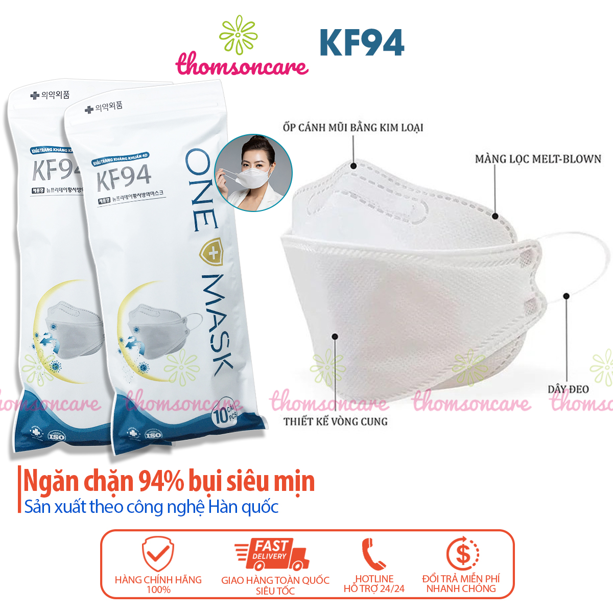 Khẩu trang y tế kháng khuẩn cao cấp, công nghệ Hàn Quốc, đạt chuẩn KF94 4D - Ngăn chặn 94% bụi mịn và vi khuẩn, ôm sát mặt - Màu trắng