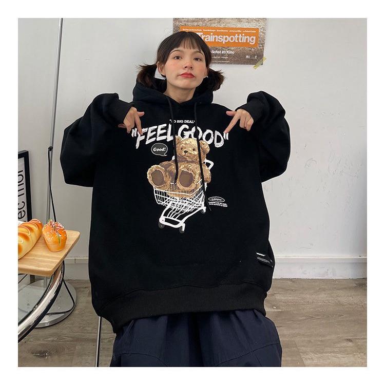 Áo Khoác Hoodie In Hình Gấu Ngồi Xe Đẩy Form Rộng Nam Nữ Unisex, hàng in nhiệt siêu đẹp