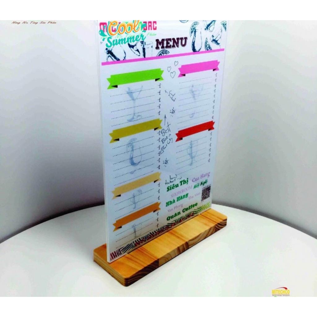 Menu mica A4 đế gỗ tự nhiên cho nhà hàng, văn phòng, doanh nghiệp.