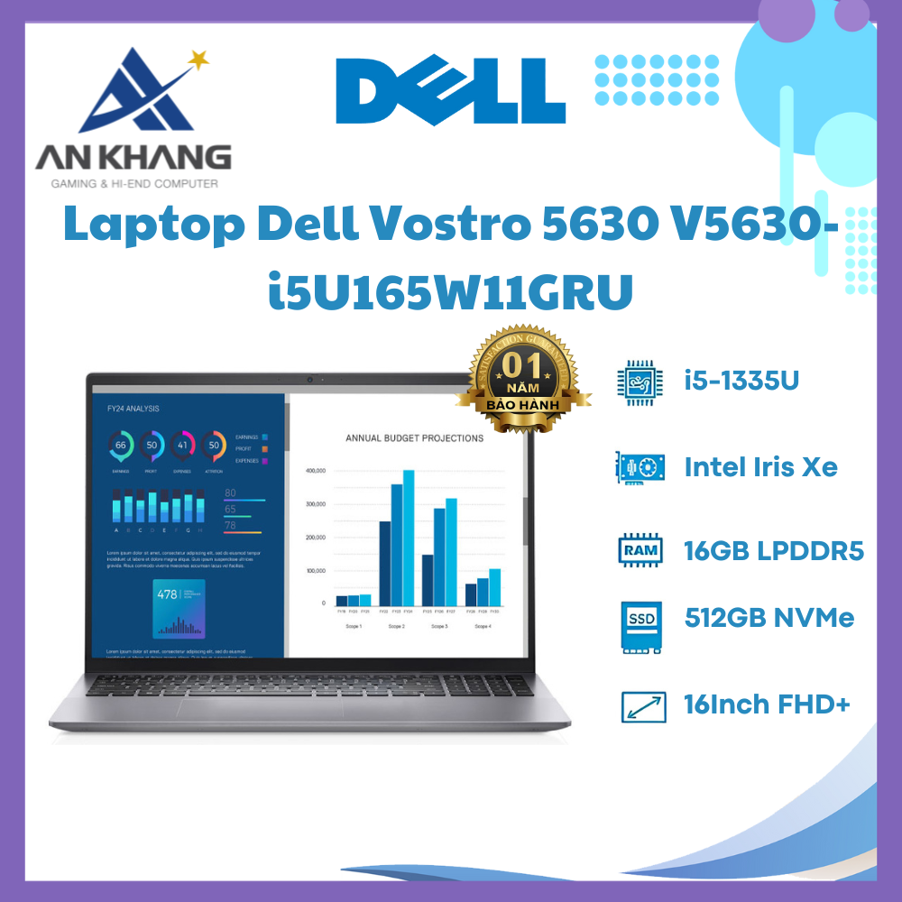 Laptop Dell Vostro V5630-i5U165W11GRU (Intel Core i5-1335U | 16GB | 512GB | Intel Iris Xe | 16 inch FHD + | WIn 11 | Office | Xám) - Hàng Chính Hãng - Bảo Hành 12 Tháng