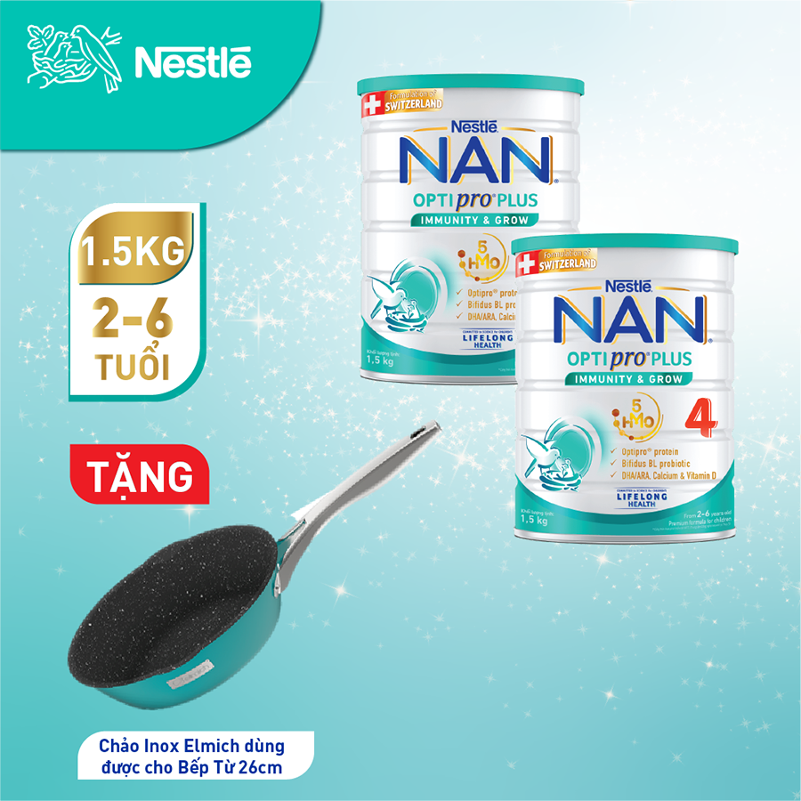 Combo 2 lon Sản Phẩm Dinh Dưỡng Nestlé NAN OPTIPRO PLUS 4 1500g/lon với 5HMO Hỗ Trợ Đề Kháng - Tiêu Hóa - Trí Não &amp; Chiều Cao - Tặng Chảo Inox Elmich 26cm dùng được cho bếp từ