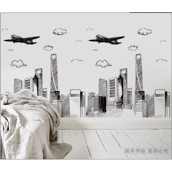 Decal trang trí tường - Thành Phố Tranh Vẽ Đen Trắng size lớn
