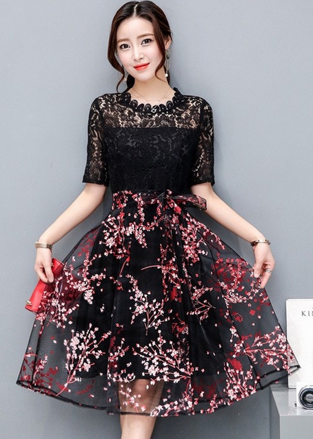 Đầm Nữ Ren Thêu Hoa Anh Đào DR8869 - Đen
