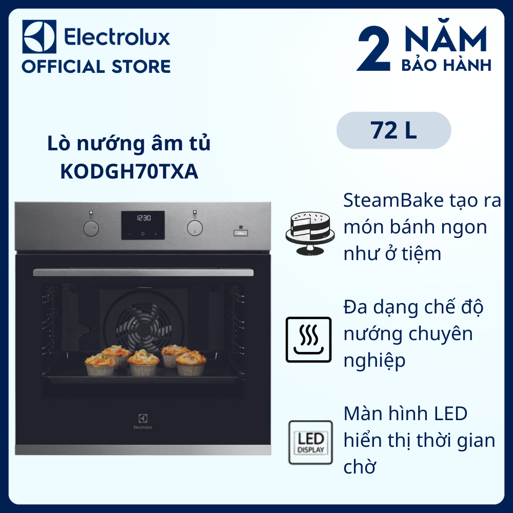 Lò nướng âm tủ Electrolux 60cm UltimateTaste 500 dung tích 72L KODGH70TXA, Công nghệ nướng hơi nước tiên tiến [Hàng chính hãng]