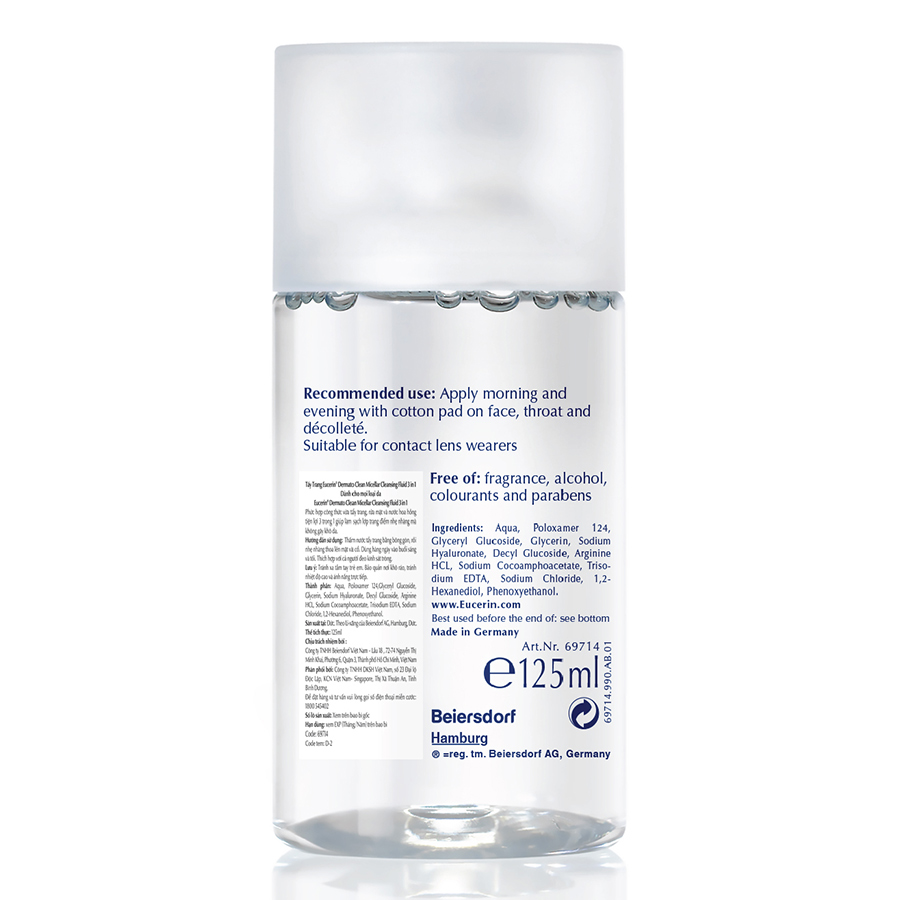 Nước Tẩy Trang Dịu Nhẹ Cho Da Nhạy Cảm Eucerin Dermato Clean Micellar Cleansing Fluid 3 In 1 (125ml)