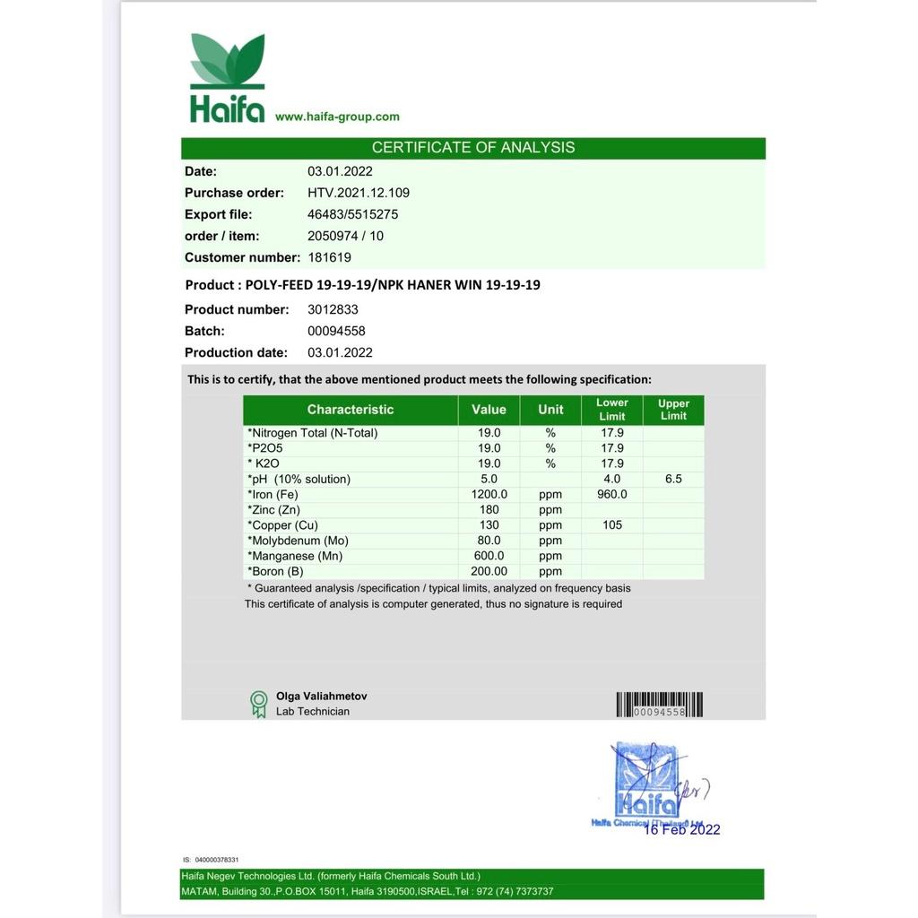 Phân bón lá tưới nhỏ giọt HAIFA Poly-feed 19-19-19 dưỡng cây-ra rễ-đâm chồi-xanh lá-kích thích ra hoa, đậu trái, lớn quả