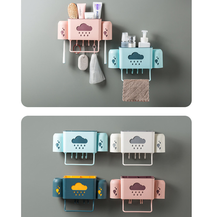 Kệ để đồ dùng nhà tắm đa năng dán tường hình đám mây có móc treo đồ tặng kèm 2 cốc đánh răng siêu tiện dụng - giao màu ngẫu nhiên