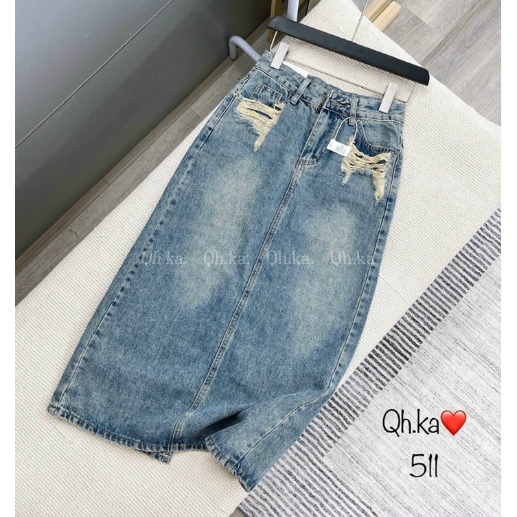Chân váy jean dáng dài rách túi cho nữ CVN113
