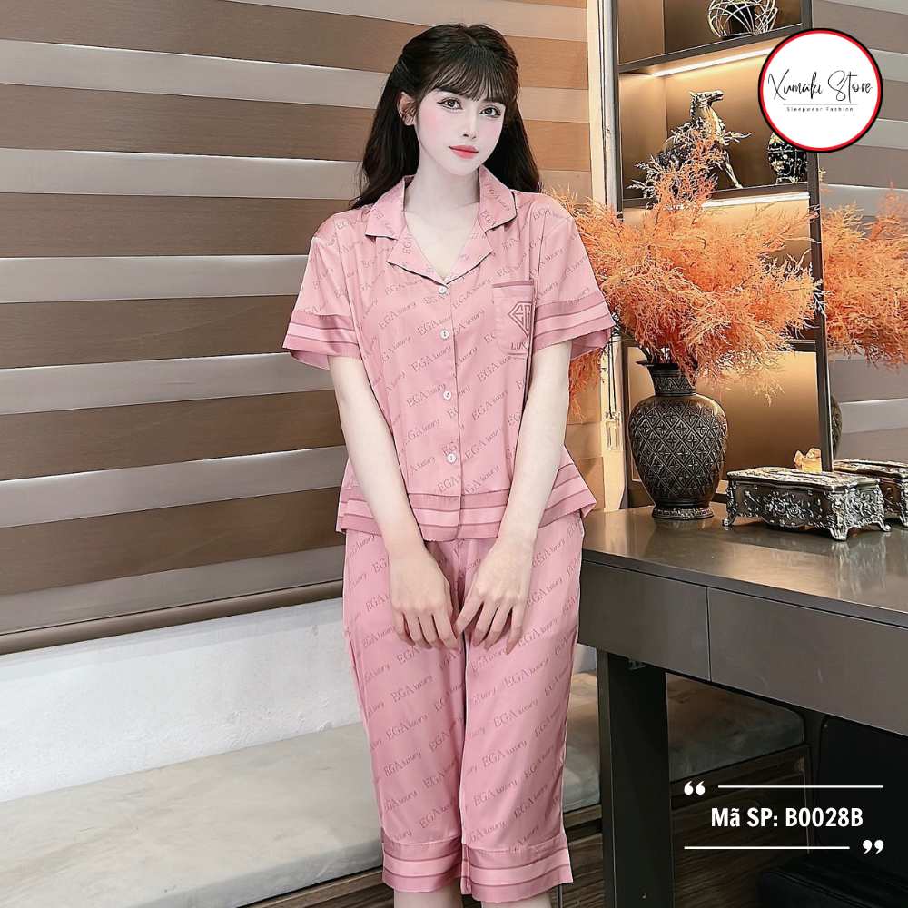 Bộ pyjama nữ áo cộc quần ngố họa tiết chữ chất lụa cao cấp nhiều màu Xumaki Store BO028B