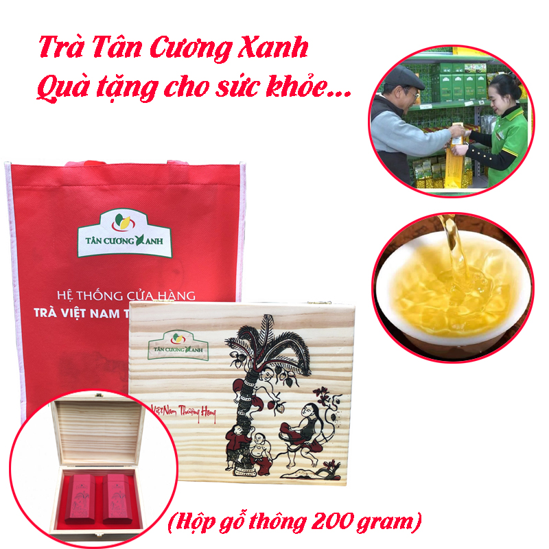 Hộp Trà Gỗ Thông Tân Cương Xanh 200 gram - Trà Tân Cương thượng hạng Hộp gỗ thông làm quà biếu sếp, biếu người thân, quà tặng đầu năm mới ý nghĩa