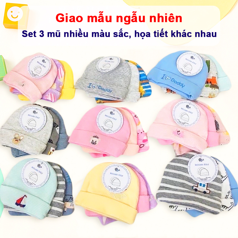 Set 3 nón mũ sơ sinh cho bé trai và bé gái từ 0-6 tháng tuổi chất thun cotton dày nhiều họa tiết – SS004