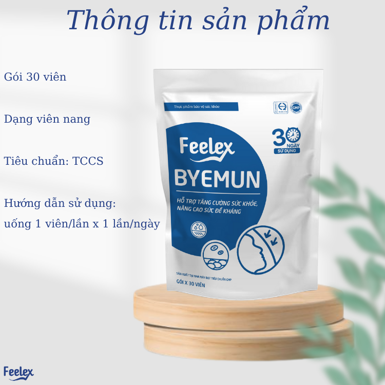 Viên uống Feelex Byemun Giảm Mụn viêm, Ẩn, Thâm, Đầu Đen Cho Da Dầu Mụn Bổ sung Kẽm ZinC,vitamin C gói 30 viên