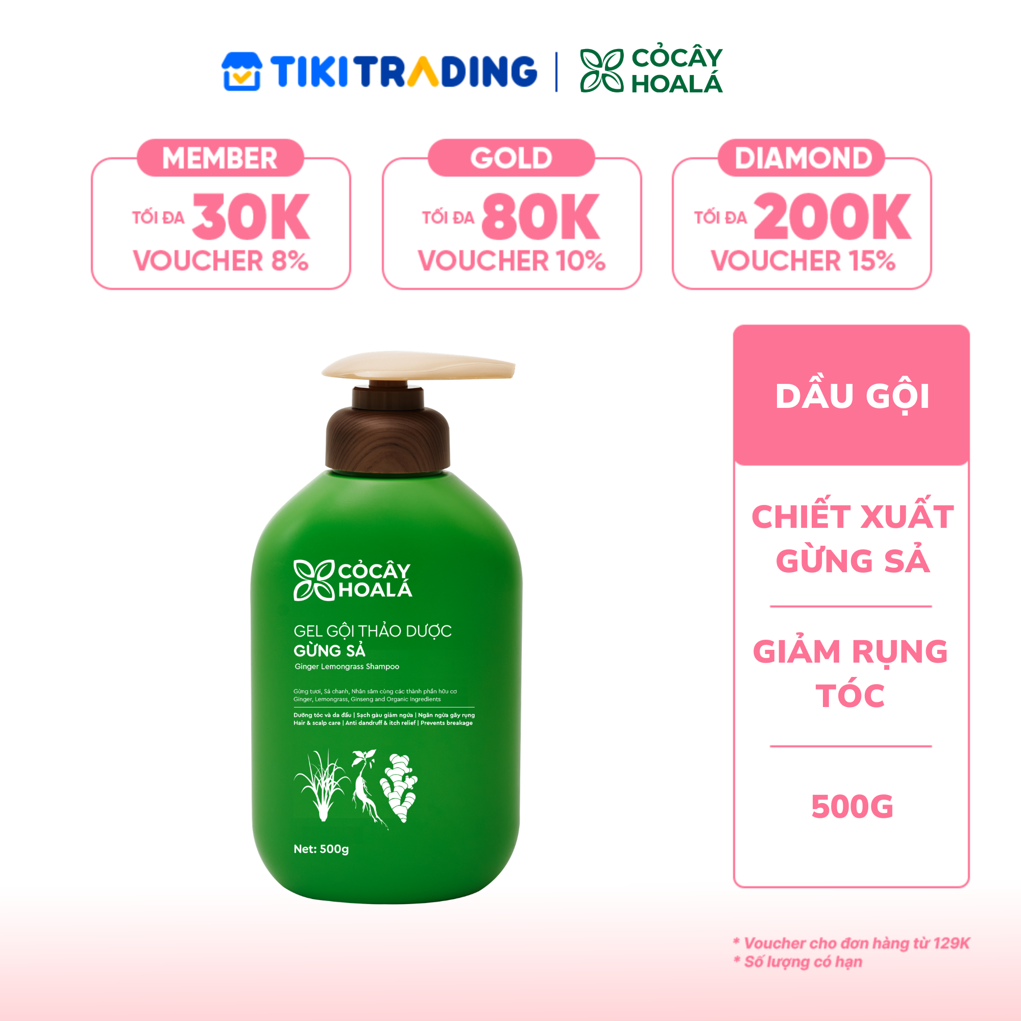 Cocayhoala Dầu gội thảo dược Gừng Sả Cỏ Cây Hoa Lá 500g