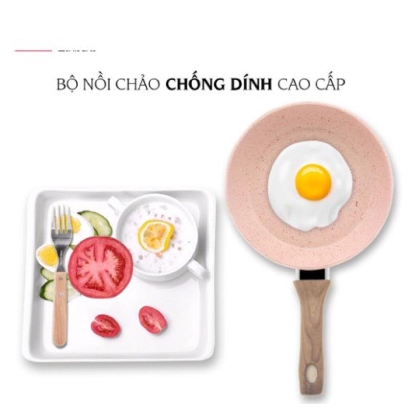 Chảo chống dính cao cấp 16cm vân đá hoa cương - Chảo chiên trứng làm trứng cuộn lúa mạch tay cầm gỗ dài size nhỏ