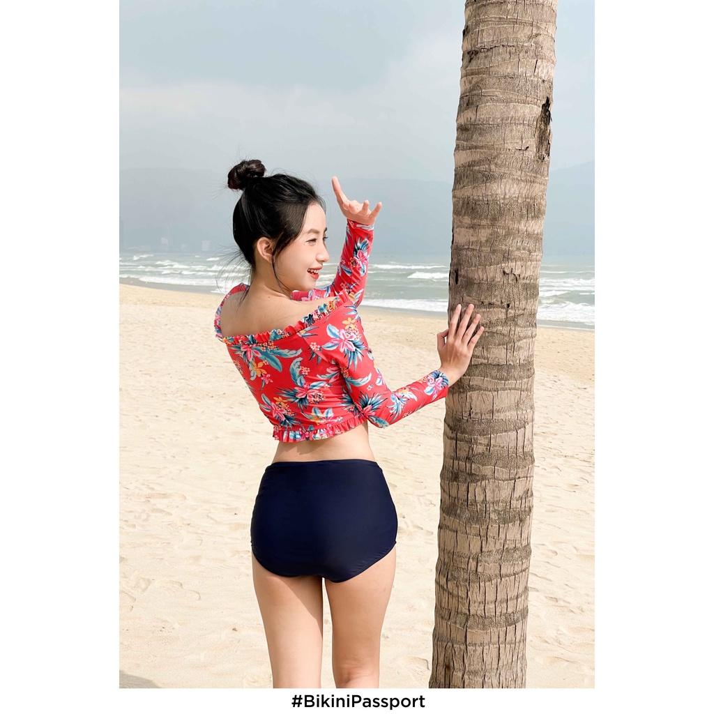 Áo bơi NỮ lẻ BIKINI PASSPORT kiểu tay dài phối nhún đường viền - màu Đỏ - BS333_RD