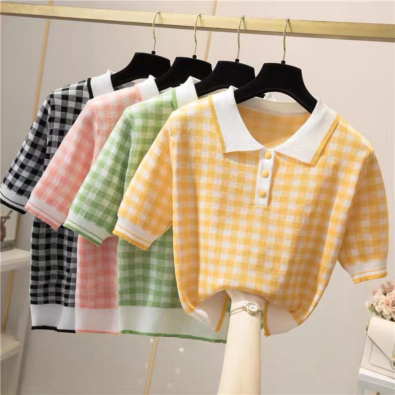 Áo polo caro dệt kim nữ tay ngắn dáng rộng len mongtogi kiểu cổ bẻ phối màu thời trang hàng đẹp Quảng Châu cao cấp