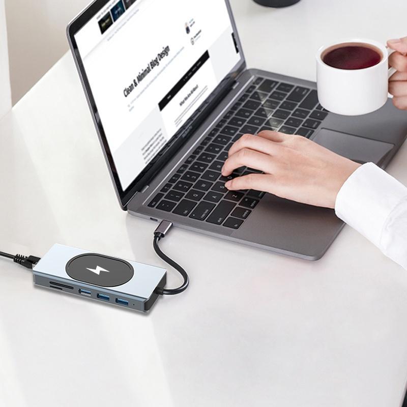 Bộ Chia Cổng Sạc Type c 12 Trong 1 Sang HDMI * 2 4K VGA USB3.0 100W PD / TF2.0 RJ45 1000M 3.5mm Cho Macbook M1 Laptop Điện Thoại
