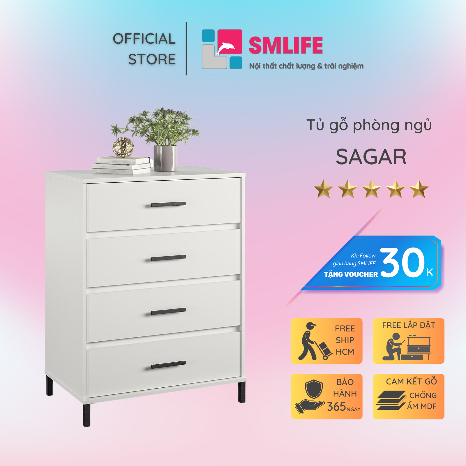 Tủ phòng ngủ gỗ hiện đại SMLIFE Sagar | Gỗ MDF dày 17mm chống ẩm | D70xR45xC92cm