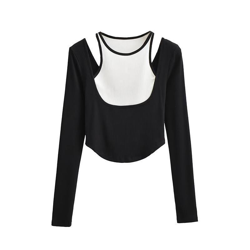 Áo thun croptop nữ tay dài khoét hở vai phối màu cá tính chất thun gân tăm dày dặn- AO063