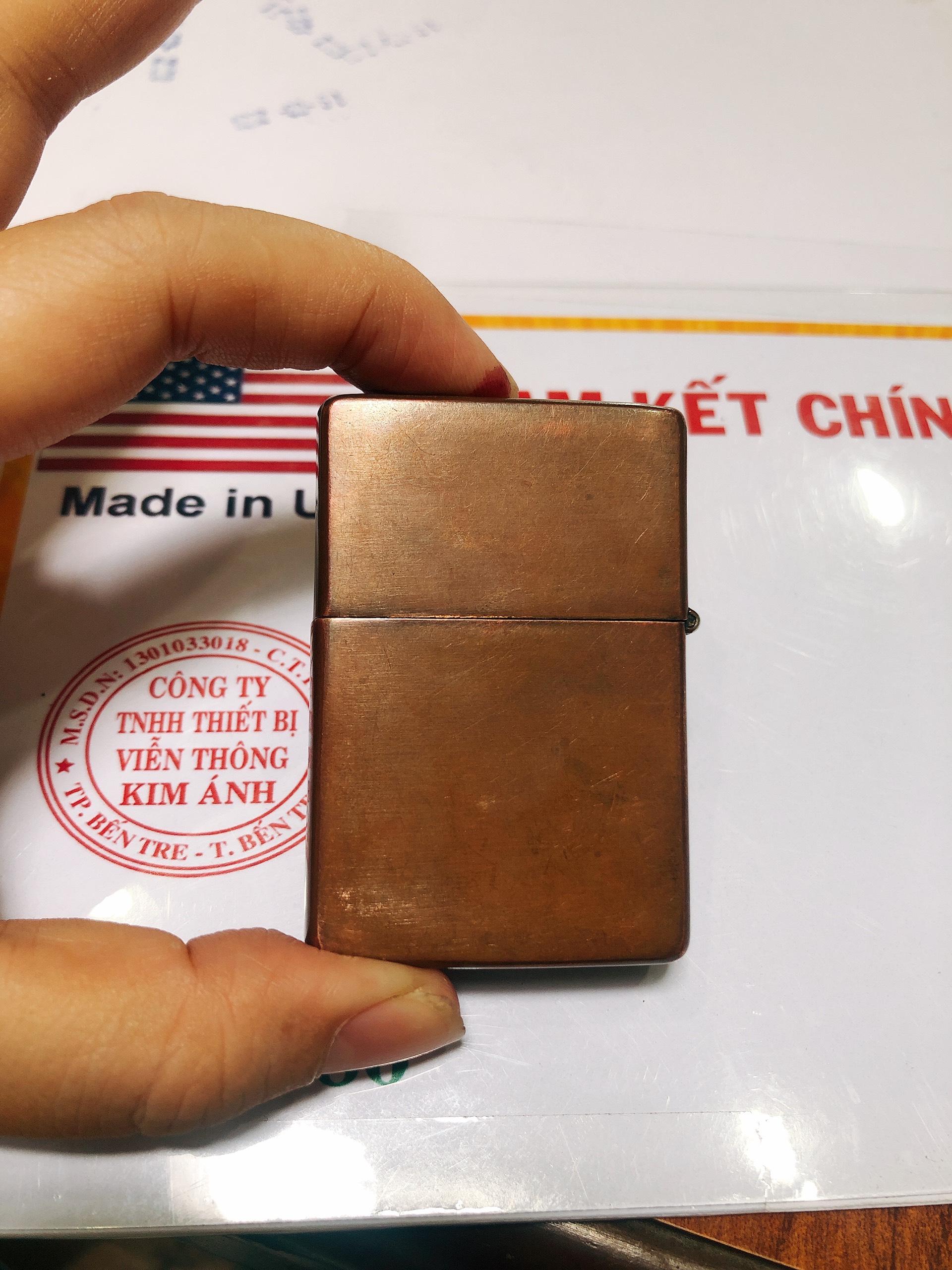 Bật lửa Zippo Mỹ Vintage mạ Copper, đầu bằng, đít bằng, khắc ăn mòn Zippo 1932, sản xuất 1994, Hàng chính hãng