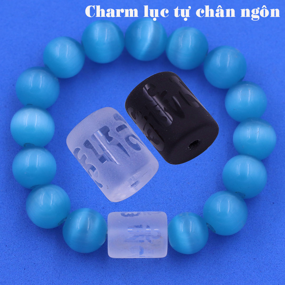 Vòng chuỗi đeo tay đá mắt mèo charm lục tự Đại minh chân ngôn, 10ly, Om Mani Padme Hūm, Chân ngôn Lục tự