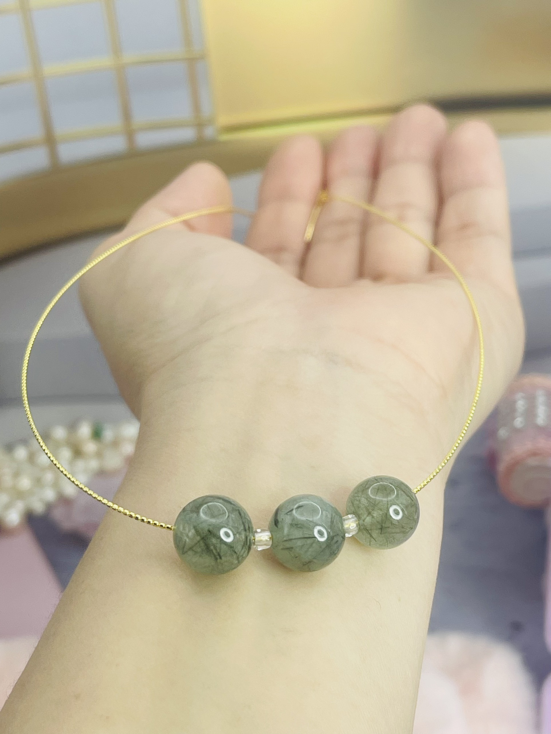 Dây cổ dạng kiềng Bạc 925 Đá Thạch Anh Tóc Xanh