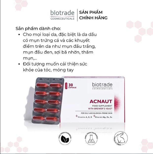Viên uống giảm mụn đẹp da chống lão hoá Biotrade Acnaut Food Supplement