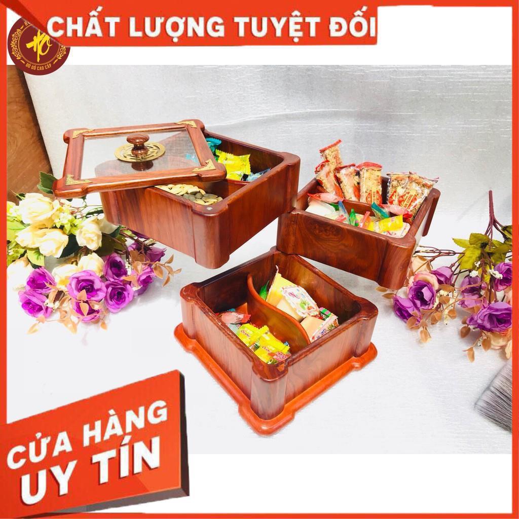 Khay bánh kẹo 3 tầng gỗ hương nắp kính sang chảnh