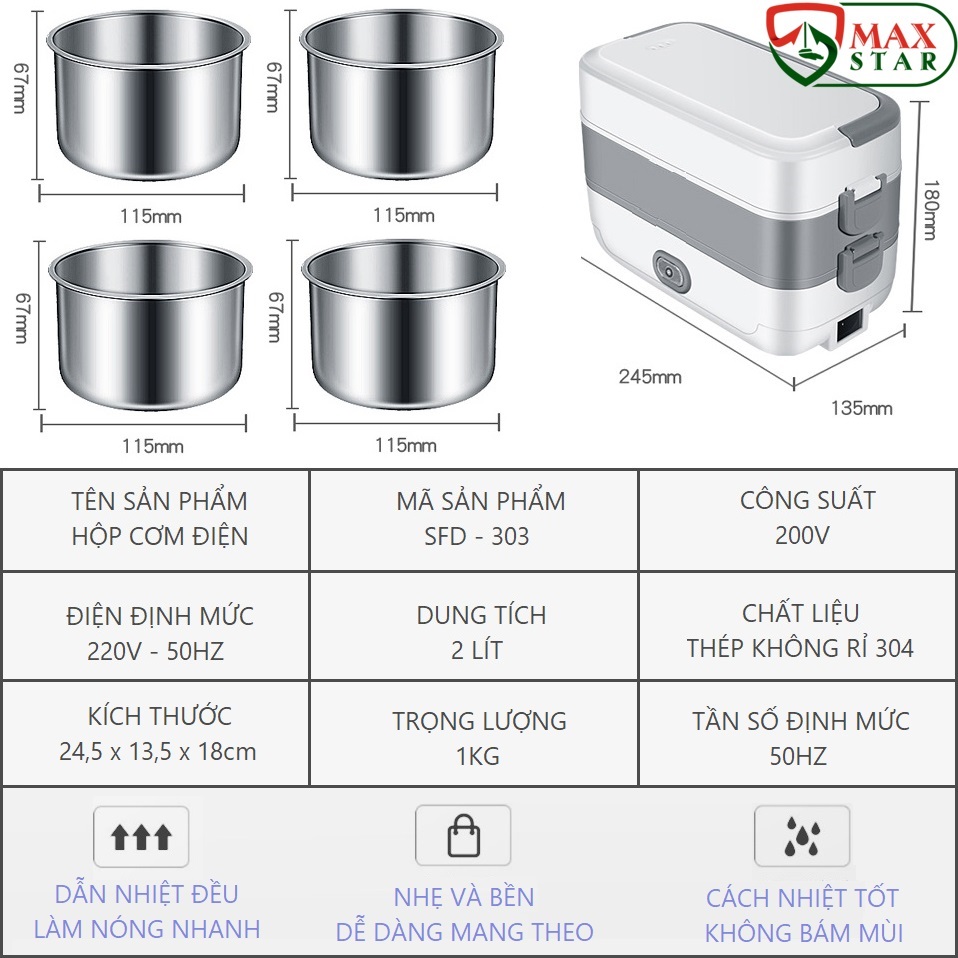 Hình ảnh Hộp đựng cơm giữ nhiệt cắm điện inox 2 tầng 4 ngăn Cặp lồng giữ nhiệt cắm điện