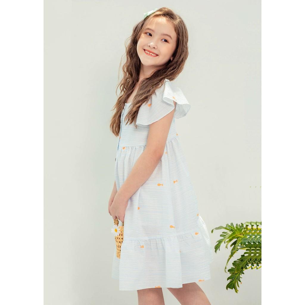 Váy đầm bé gái BYZU, chất vải cotton màu xanh biển, họa tiết cá xinh xắn (Sara Dress)