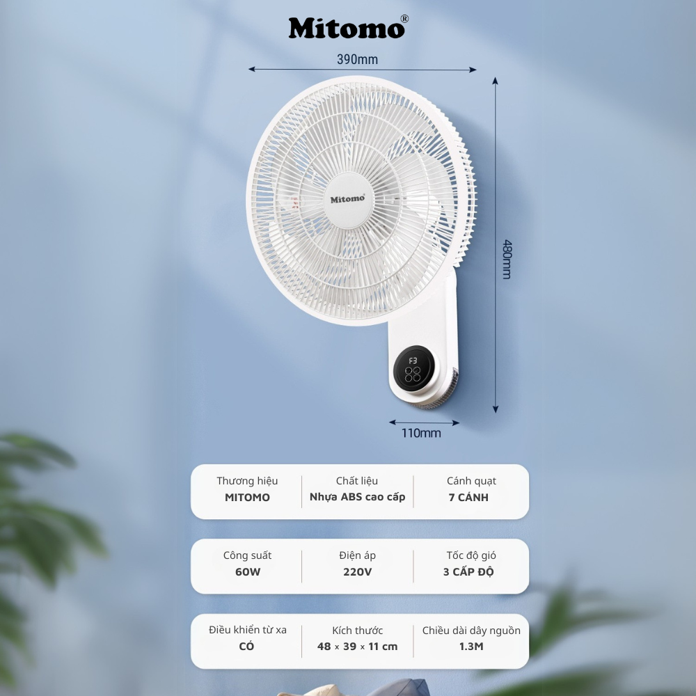 Quạt điện treo tường remote FTT-60AEC-D39, công suất 60W, hoạt động êm ái, hẹn giờ thông minh -hàng chính hãng Bảo hành 2 năm