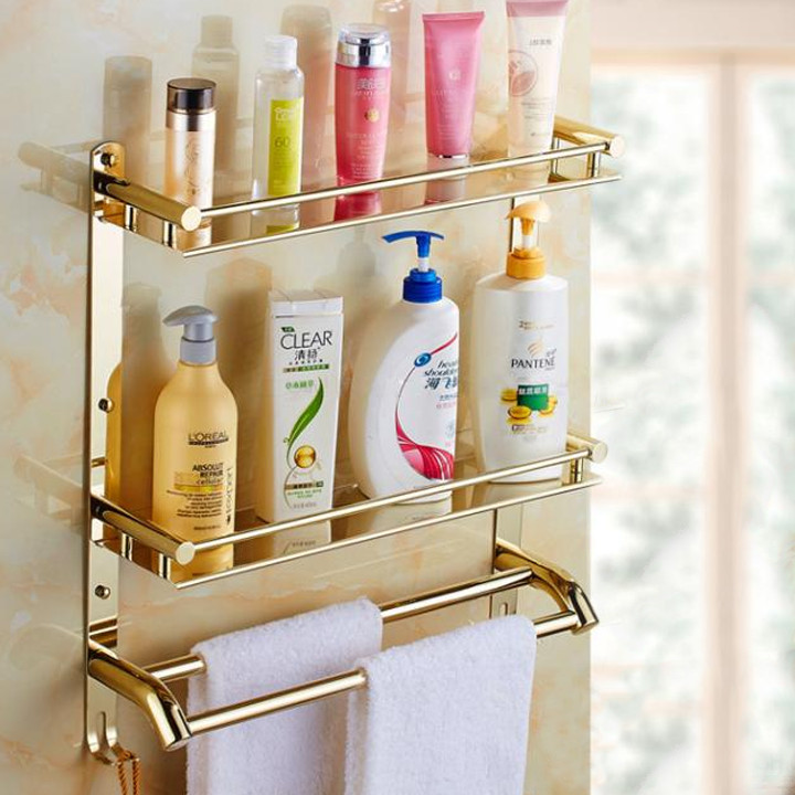 Kệ Giá Treo Khăn Nhà Tắm 3 tầng kèm khay inox mạ vàng PNK003