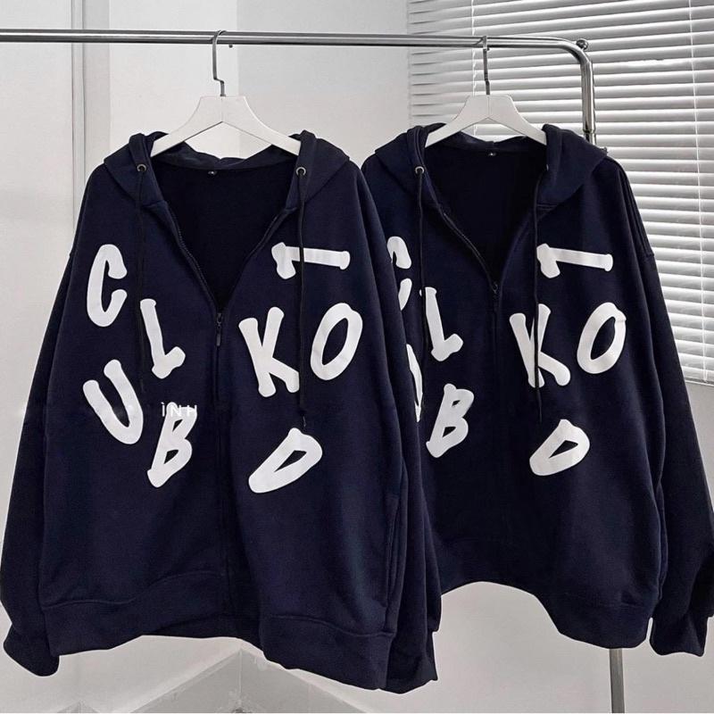 Áo khoác dây kéo nỉ lót bông chữ in nổi Club unisex