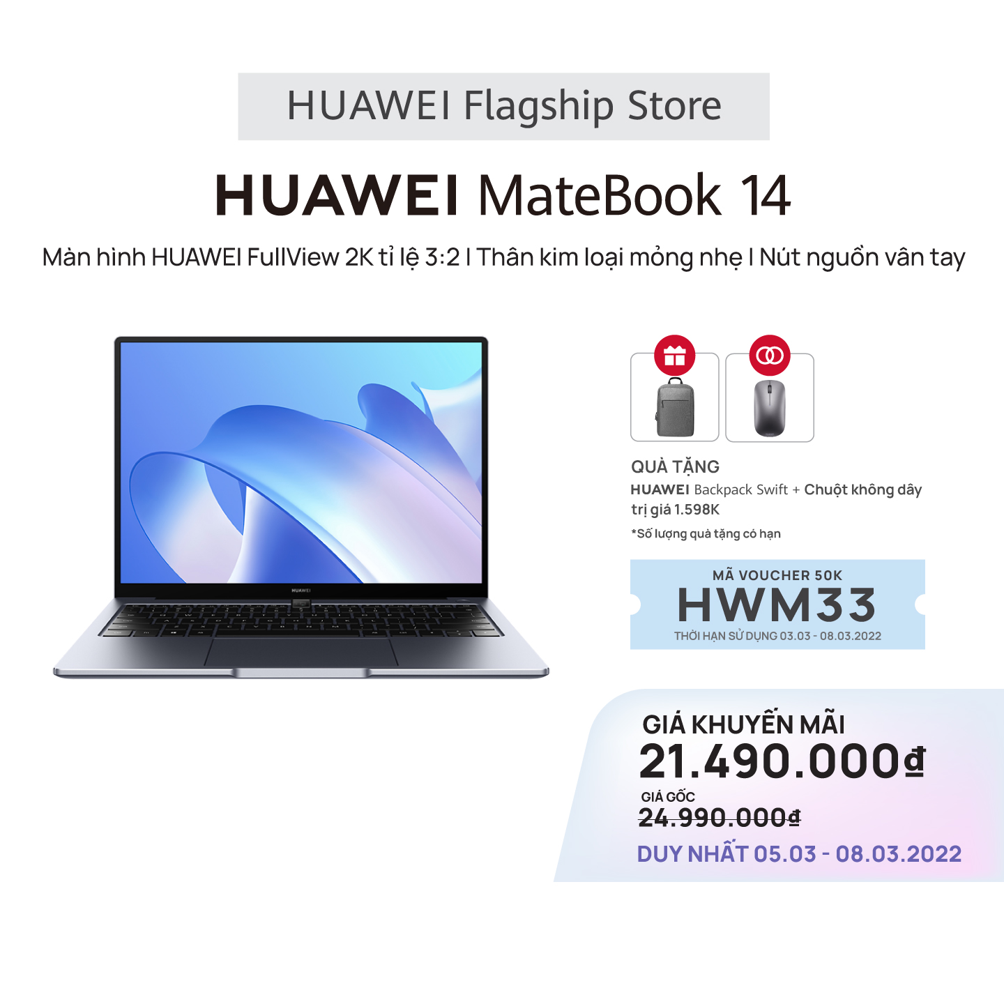 Máy Tính Xách Tay HUAWEI MateBook 14 (8GB/512GB) | Intel Core Thế Hệ Thứ 11 | Màn Hình HUAWEI 3:2 Fullview 2k | Nút Nguồn Vân Tay | Hàng Chính Hãng