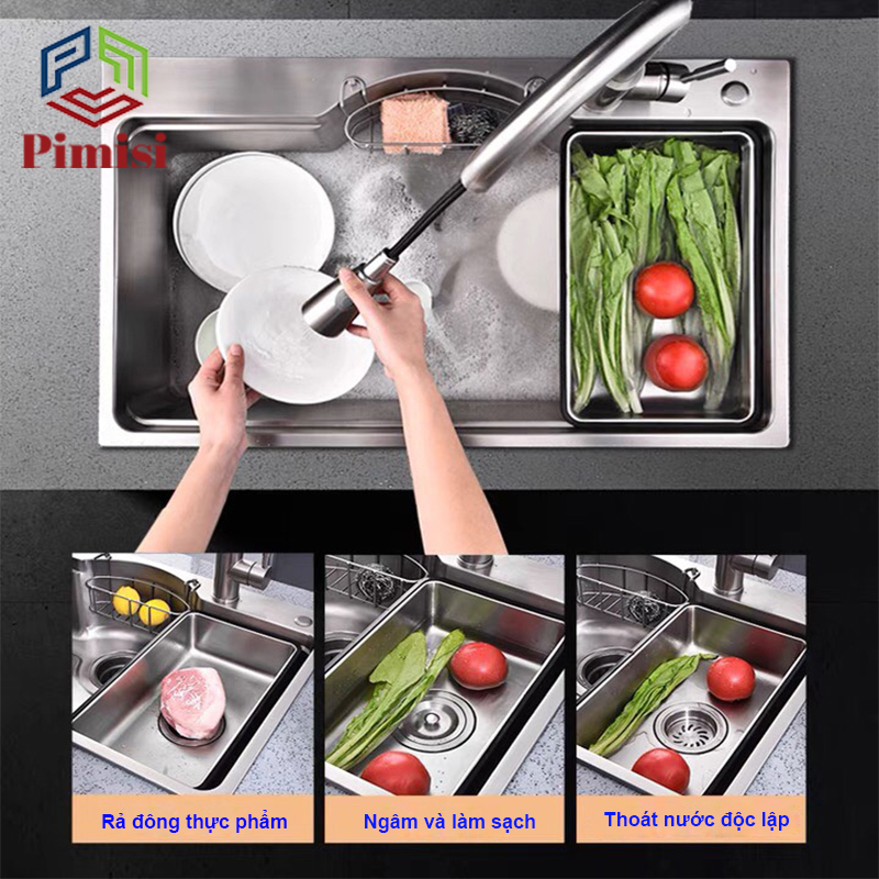 Chậu Rửa Bát INOX 1 Hố Lớn Pimisi Làm Từ Thép Không Gỉ SUS 304 Cao Cấp Kiểu Bán Nguyệt Ngăn To 1 Hố KT 7546 Và 7848, Kèm 1 Khay Bồn Rửa Chén Nhỏ Đơn Gác Bồn Sang Trọng Với Đầy Đủ Phụ Kiện Xi Phông Siêu To, Gắn Được Âm - Dương Bàn Đá Bếp | Hàng Chính Hãng