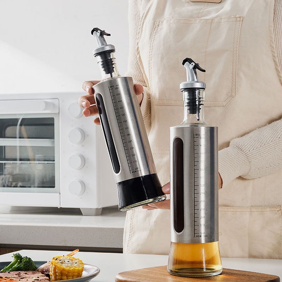 Chai Đựng Dầu Ăn Nước Mắm, Bình Rót Dầu Ăn Nước Mắm Thủy Tinh Bọc Inox Cao Cấp Đủ Dung Tích 200-300-500ml
