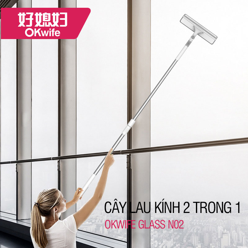 Cây lau kính OKwife Glass N02 chổi lau kính, gạt chùi kính đa năng 2 đầu trong 1, cán hợp kim nhôm tăng giảm chiều dài 150cm