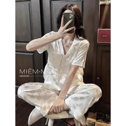 Bộ Pijama Cao Cấp Chất Lụa Gấm Tay cộc - Quần Dài