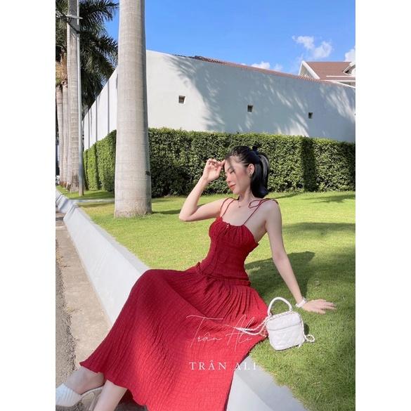 Đầm 2 dây nhún TRẮNG ĐỎ XANH